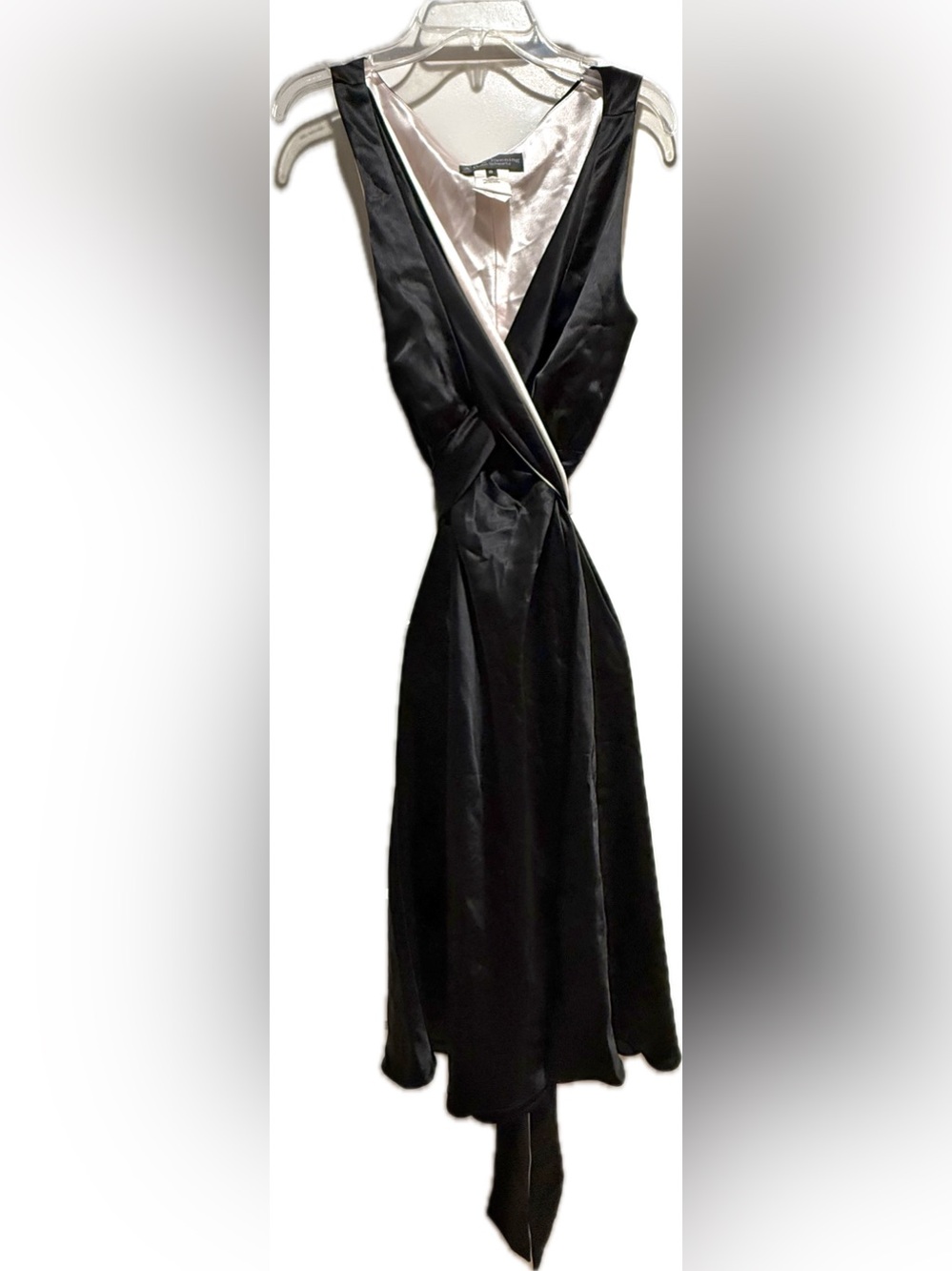 ABS evening Allen Schwartz black & pearl pink satin lined faux wrap midi dress 8